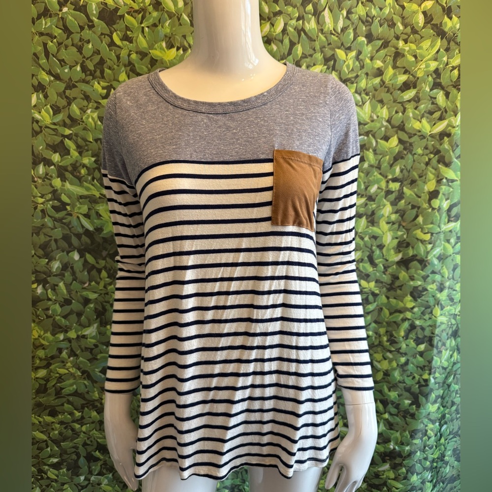 Navy and Tan Striped Long Sleeve Top